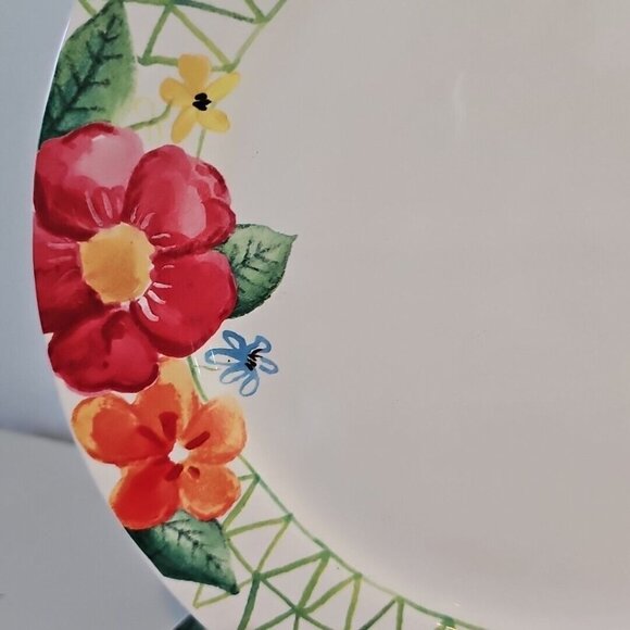 Pier 1 Dinner Plates 11" green lattice dahlia multicolor summer flowers set/ 2 - Picture 5 of 12